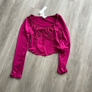 Pink Ruched Crop Blouse with Long Sleeves